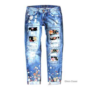 Plaid Patch Ripped Boyfriend Distressed Stretch Skinny Denim Jeans